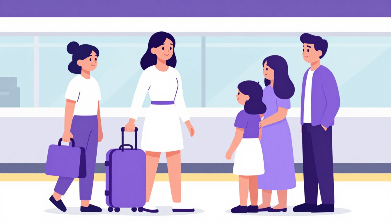 adolescente com mala de viagem em um aeroporto claro, sendo recebida por uma família anfitriã sorrindo