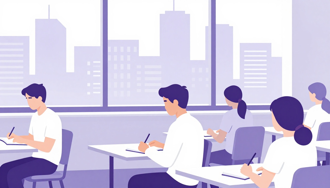 jovem adulto sentado em uma sala de aula universitária no exterior, anotando em um caderno ao lado de colegas