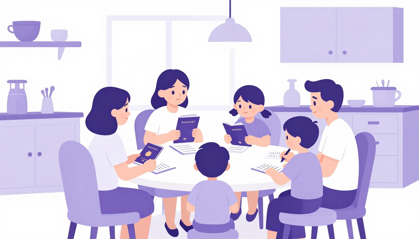 família reunida à mesa da cozinha revisando documentos e um passaporte antes de uma viagem