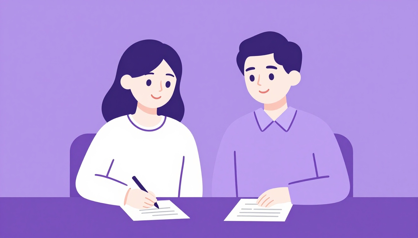 Um casal assinando papéis de casamento em um cartório, sorrindo um para o outro