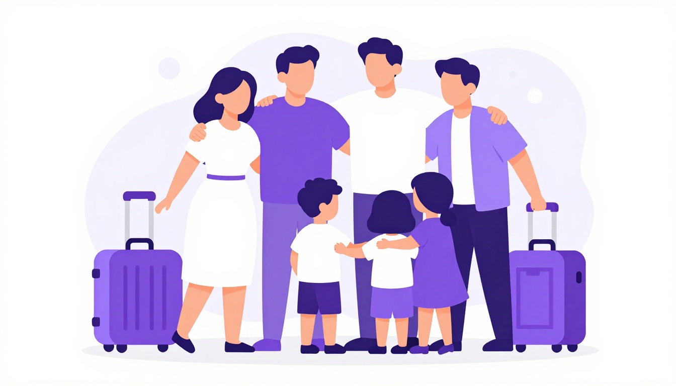 Uma família reunida se abraçando em um aeroporto, com malas ao redor