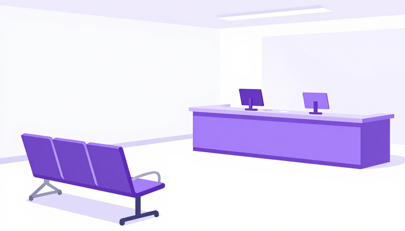 Sala de espera de consultório médico nos Estados Unidos, com cadeiras e recepção ao fundo