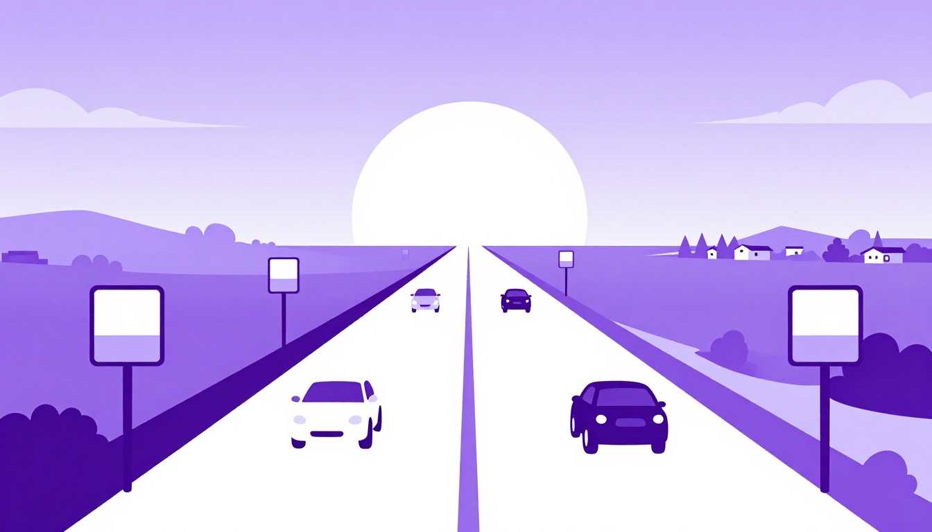 Rodovia americana com carros em movimento entre placas de sinalização ao entardecer