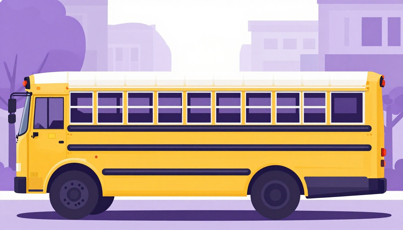 Ônibus escolar amarelo estacionado em frente a uma escola nos Estados Unidos