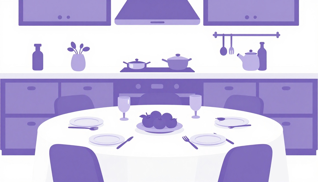 Mesa de jantar posta com pratos e talheres em uma cozinha americana