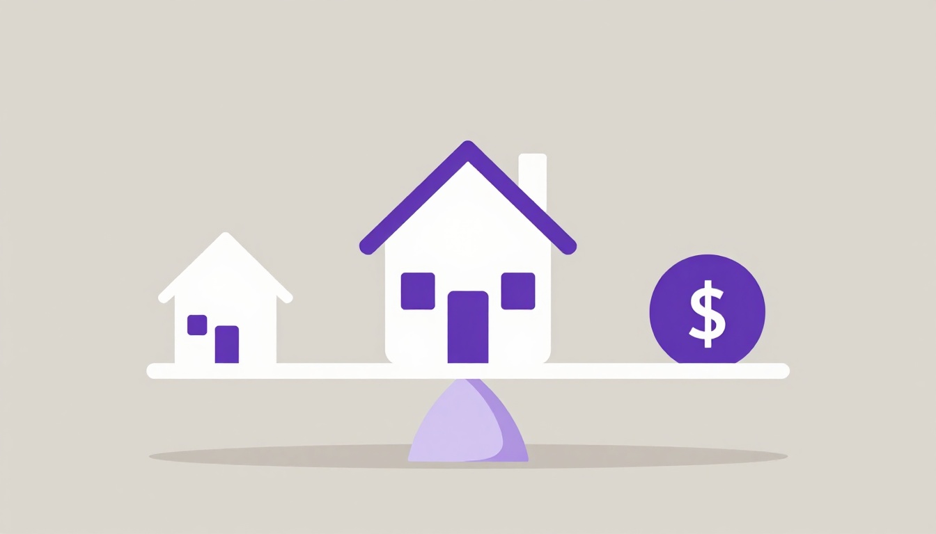 Balança equilibrando ícones simples de casa e dinheiro em fundo neutro