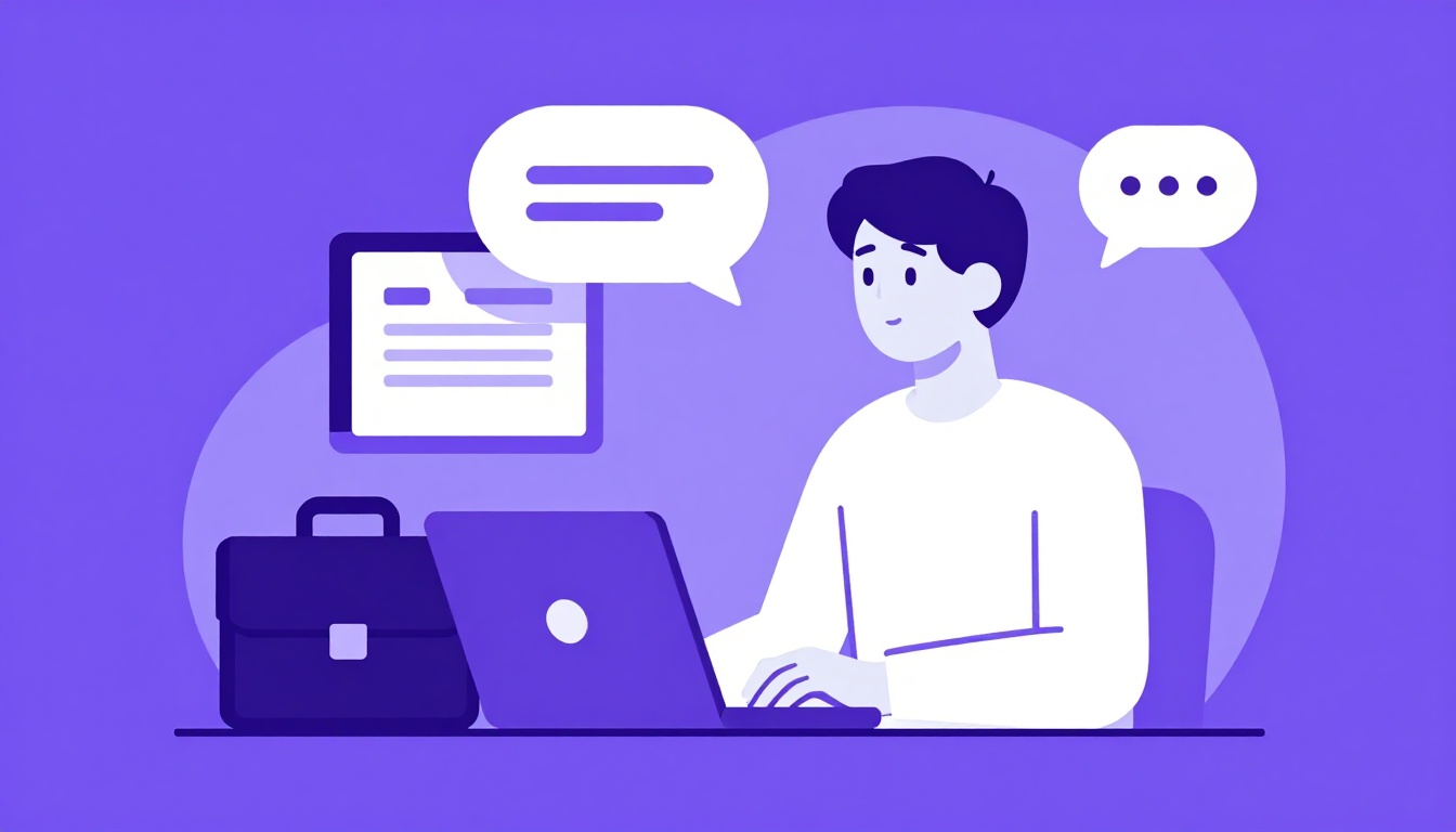 Pessoa se preparando para uma entrevista de emprego em inglês com laptop e maleta de trabalho