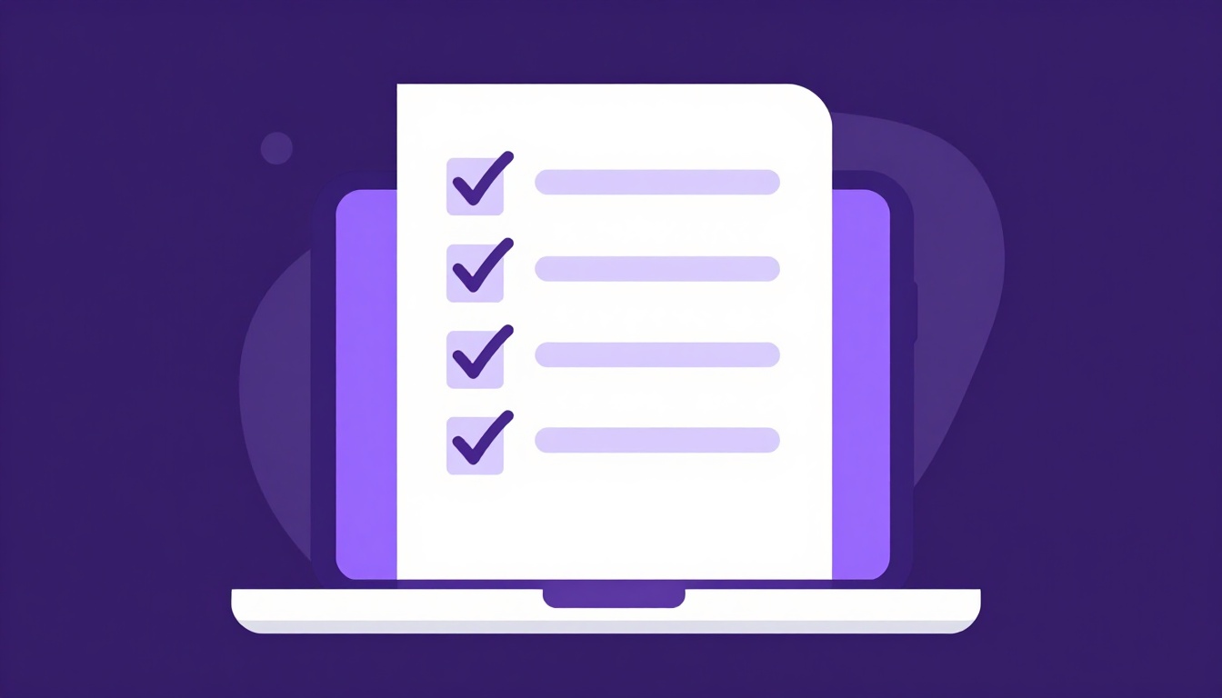 Um documento de checklist com caixas marcadas ao lado de um laptop aberto sobre uma mesa