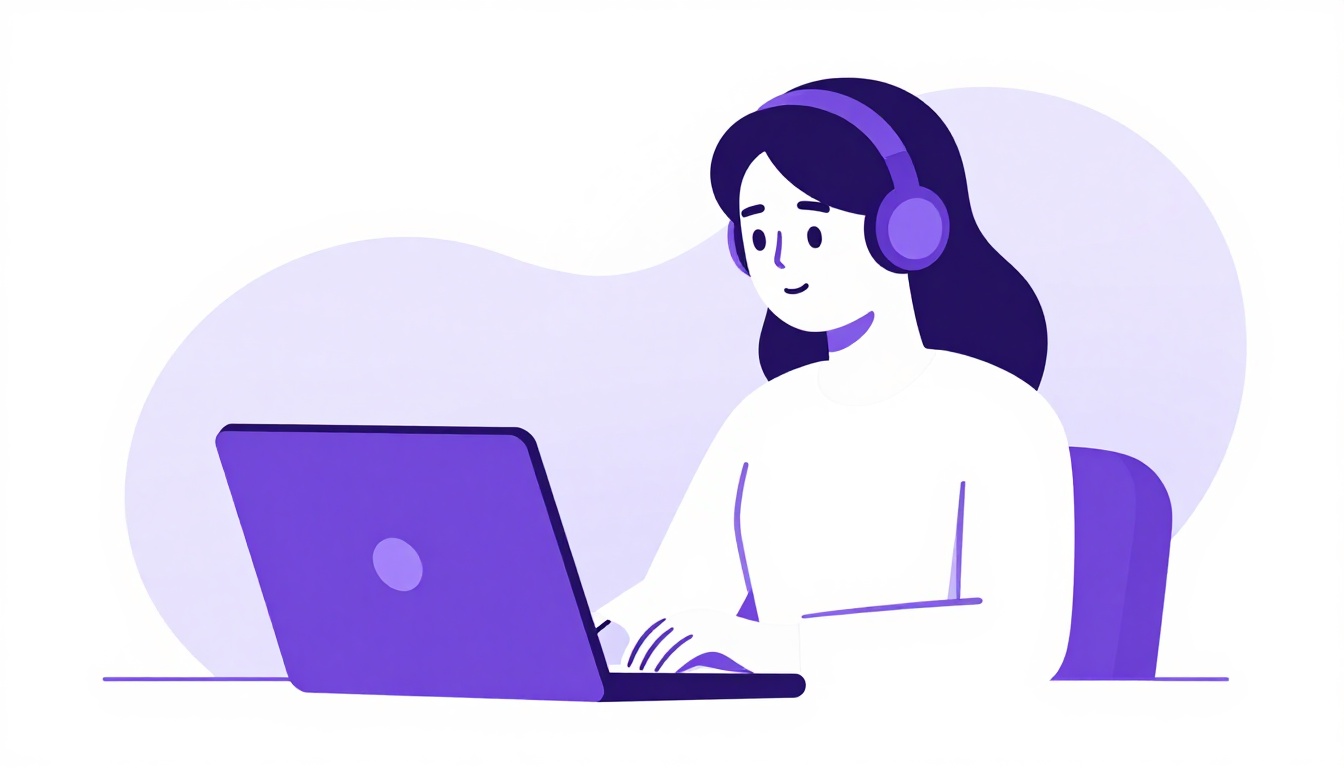 Uma pessoa em uma videochamada de trabalho em um notebook, sentada em uma mesa com fones de ouvido