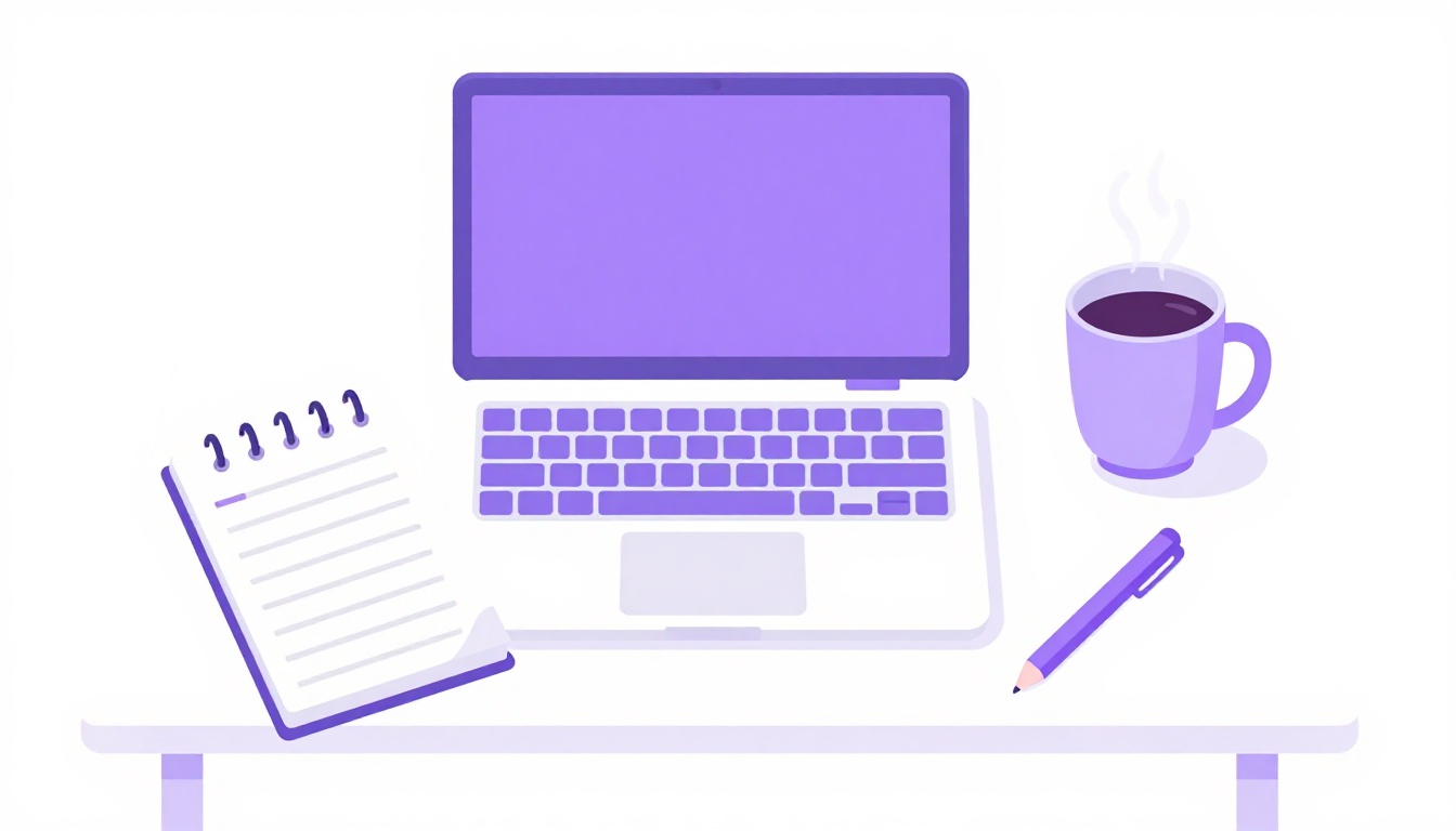Uma mesa de trabalho organizada com notebook, bloco de notas e uma xícara de café ao lado
