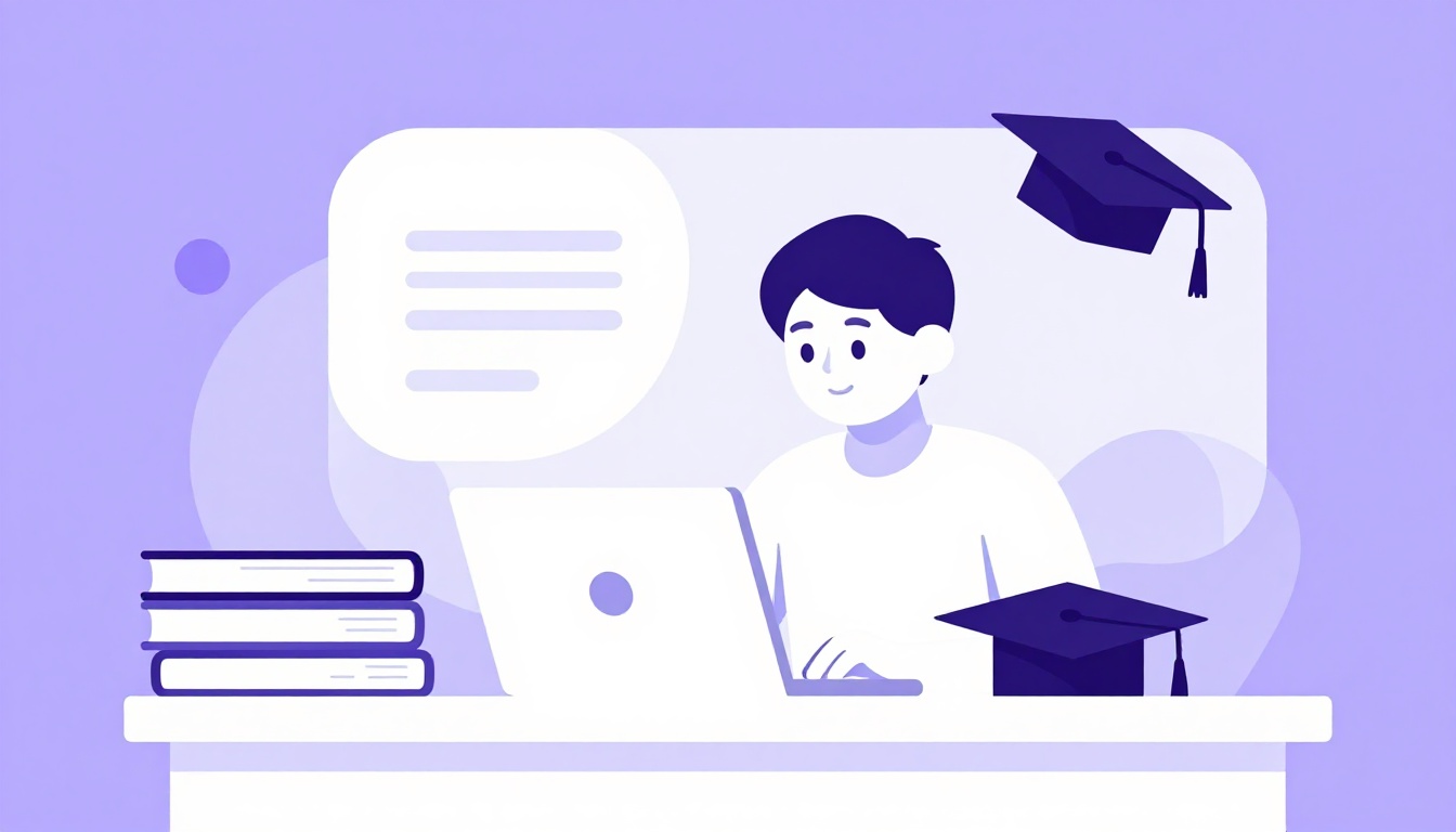 Pessoa estudando online em um laptop com pilha de livros e um capelo de formatura ao lado, representando faculdade EAD e cursos técnicos a distância