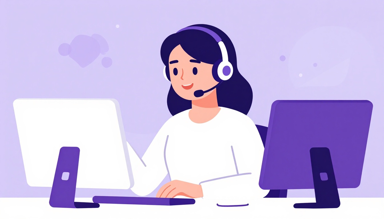 Pessoa sorrindo com fone de ouvido em frente a dois monitores em uma mesa de home office, representando atendimento ao cliente e assistência virtual remota