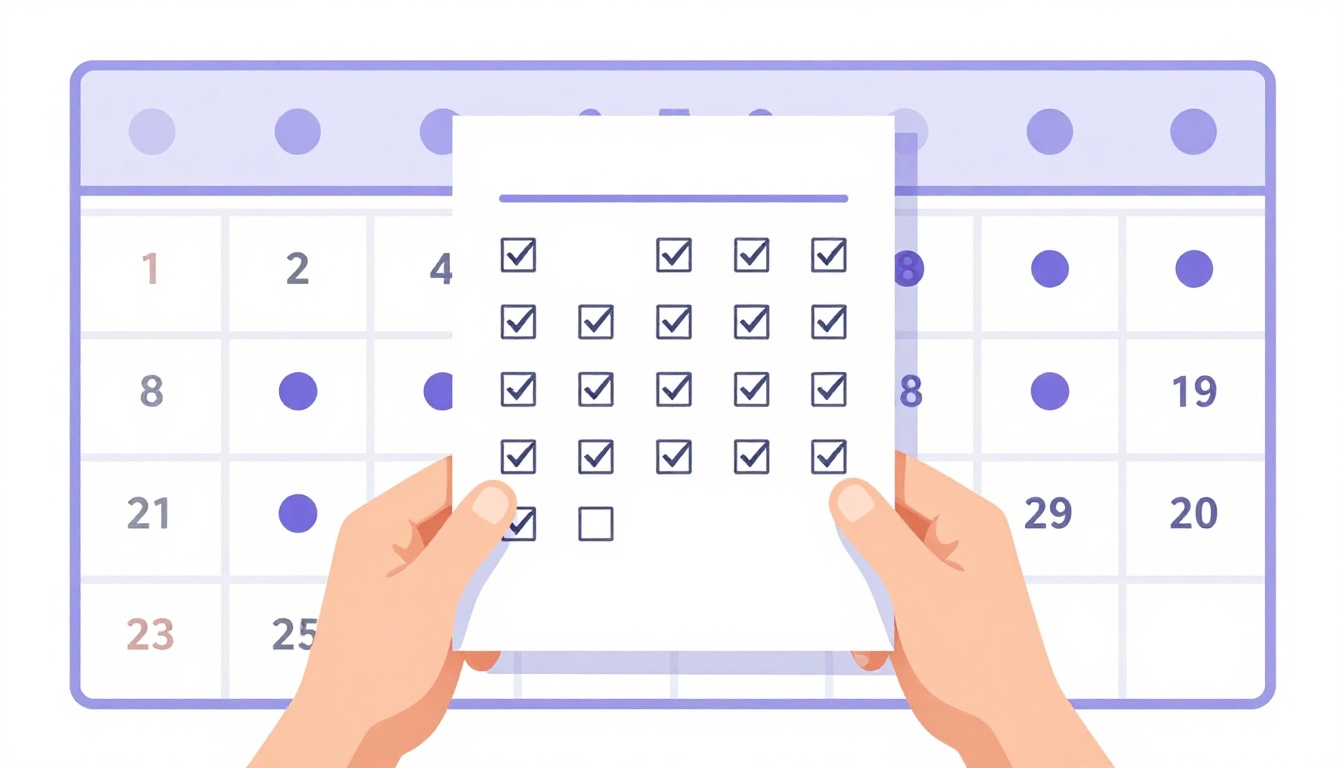 Mãos segurando uma lista de checagem com itens marcados na frente de um calendário de parede, representando organização e gestão do tempo para quem estuda em paralelo com o trabalho