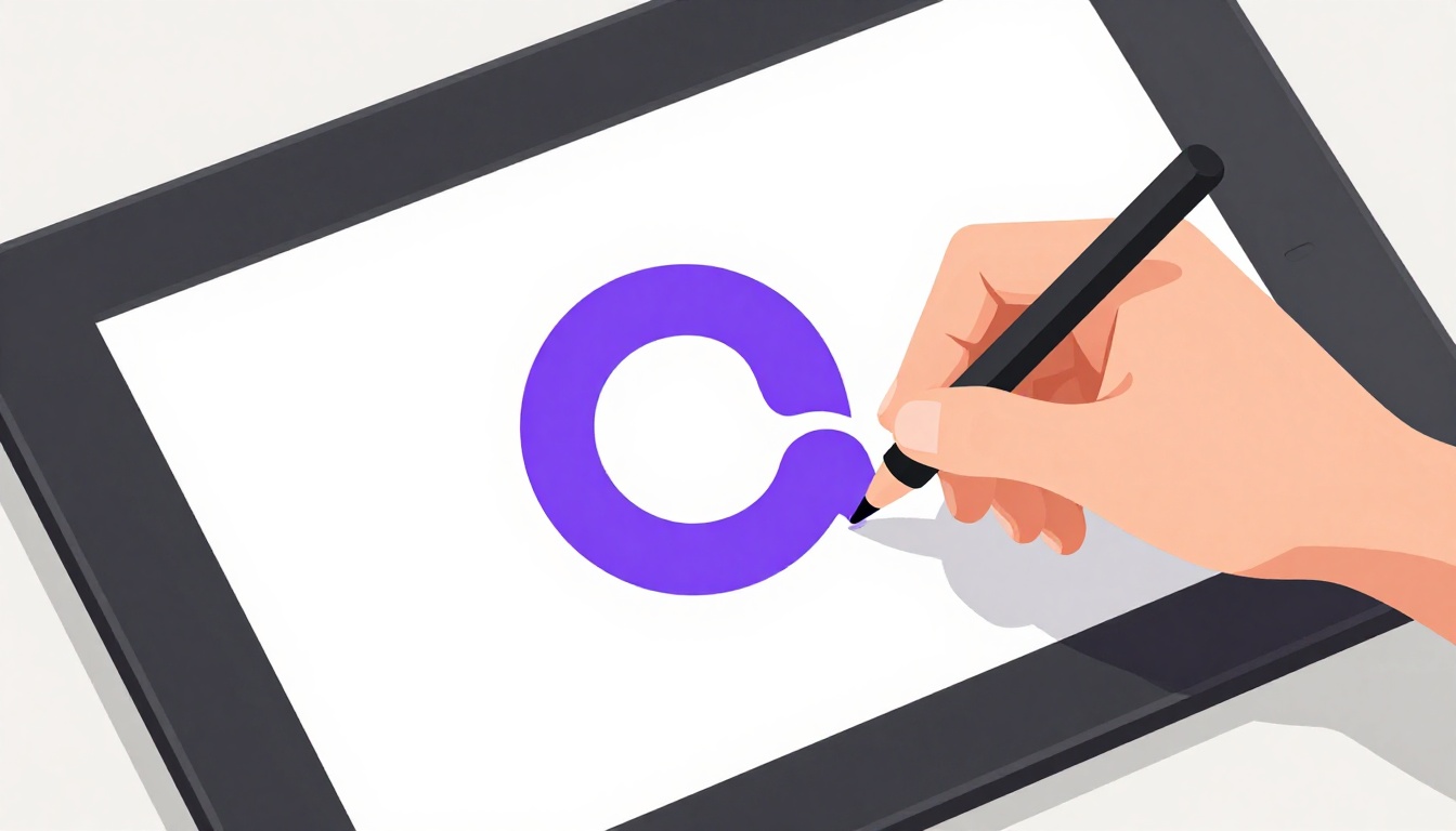Designer esboçando um logo à mão em um caderno, com um tablet gráfico ao lado sobre a mesa