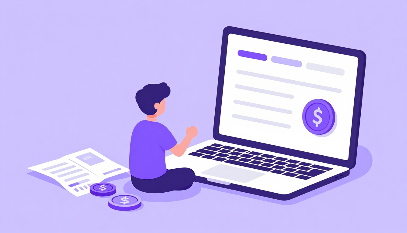 Moedas e notas de dinheiro ao lado de um laptop mostrando uma planilha de preços