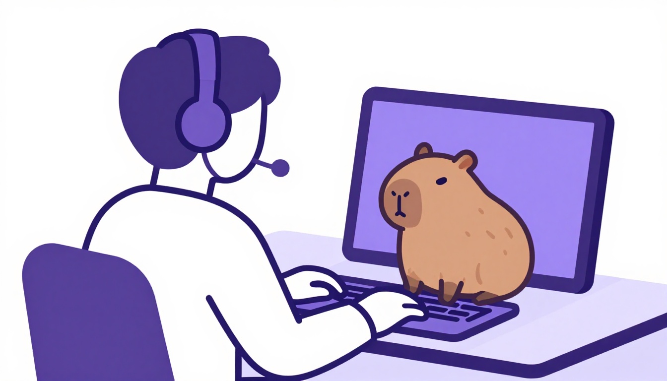 Designer em uma videochamada com um cliente internacional, laptop e fones de ouvido, capivara sentada ao lado