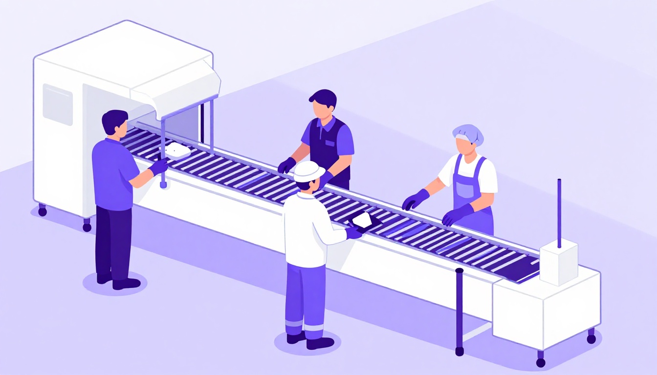 Cena de linha de produção em uma planta de processamento de alimentos, com trabalhadores em uniformes de segurança