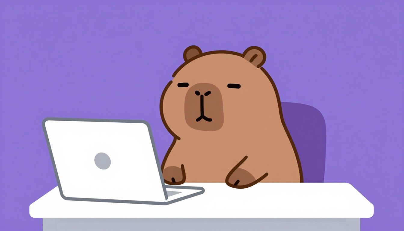 Capy, a capivara companheira do Comigo, treinando conversação em inglês no laptop antes de uma entrevista de emprego