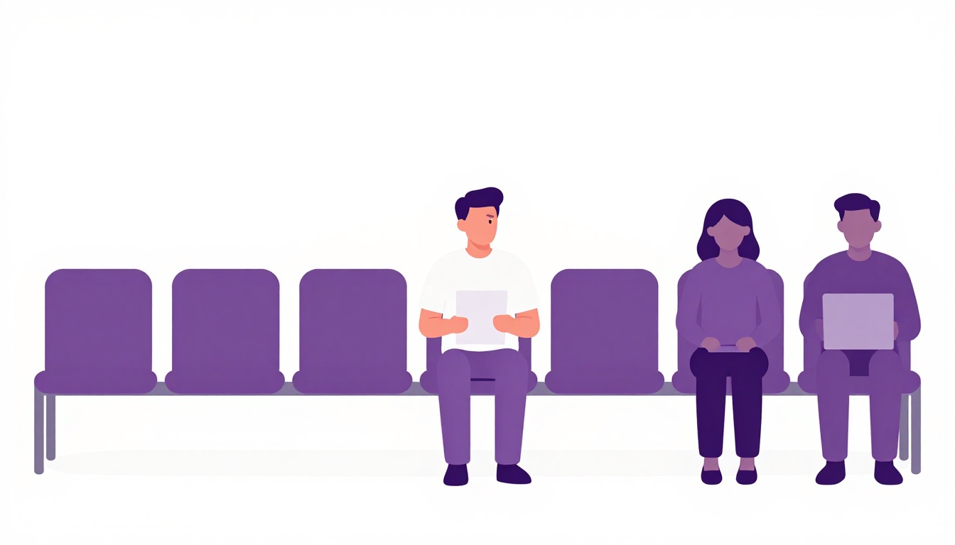 Sala de espera com fileiras de cadeiras, várias pessoas aguardando, uma visivelmente nervosa