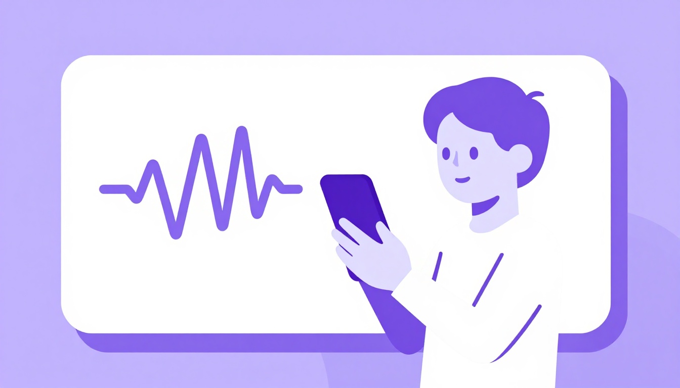 Pessoa praticando conversa em inglês sozinha em casa, com o celular na mão e ondas sonoras sugerindo fala