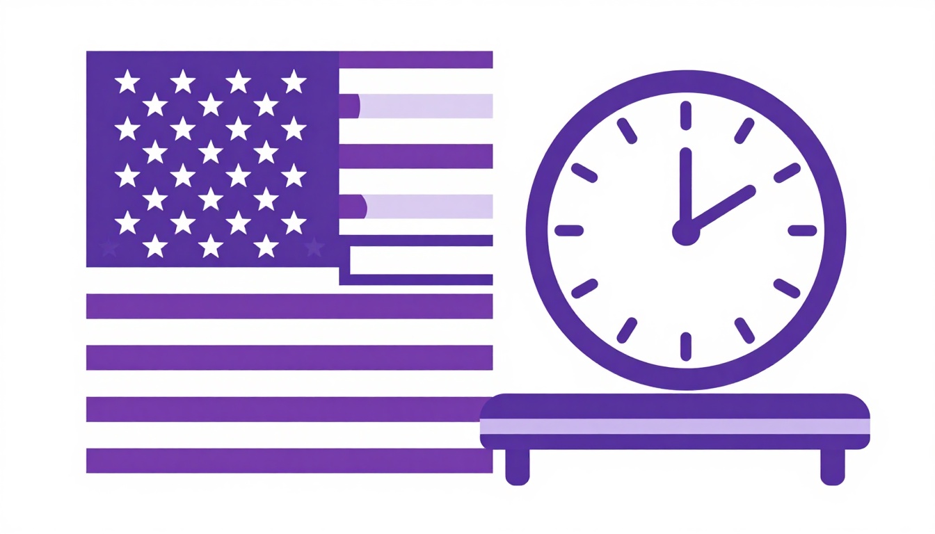 Bandeira dos Estados Unidos e um relogio em uma mesa de escritorio