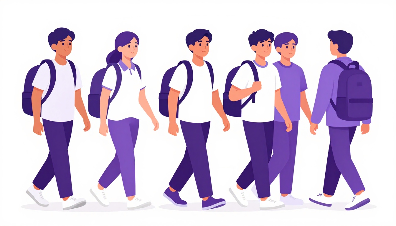 Grupo de adolescentes caminhando por um corredor de escola nos EUA com mochilas