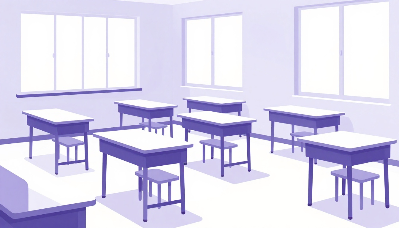 Sala de aula vazia em uma escola americana com carteiras organizadas, pronta para o início das aulas