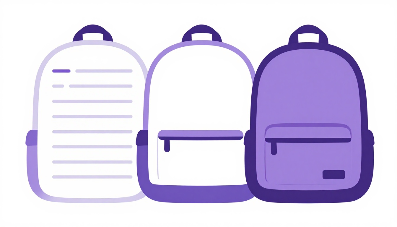 Mochilas escolares organizadas lado a lado, representando os documentos e materiais reunidos para matricular um filho na escola nos EUA