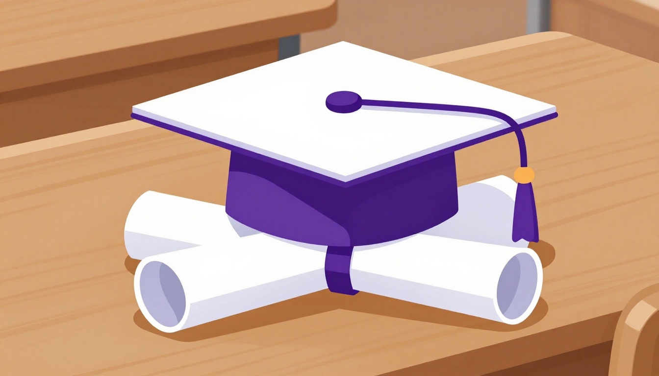 Diploma de formatura enrolado com um capelo de formatura em cima, sobre uma mesa de madeira