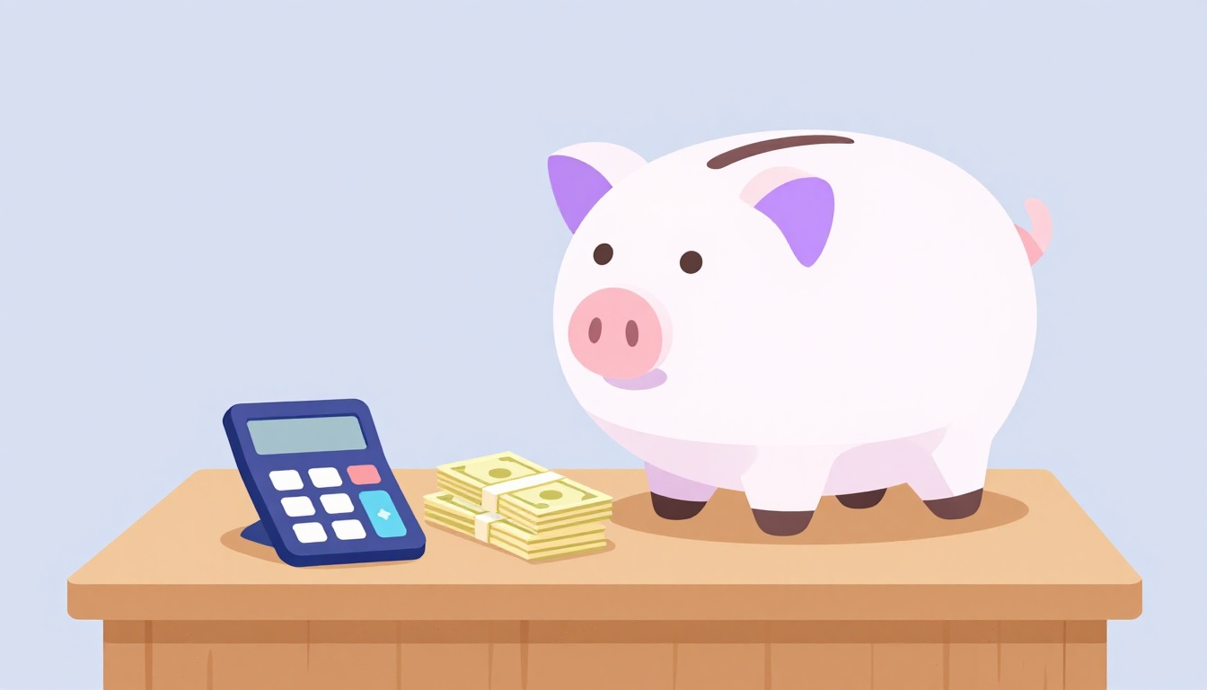 Cofrinho, calculadora e notas de dólar representando o custo de fazer faculdade nos EUA