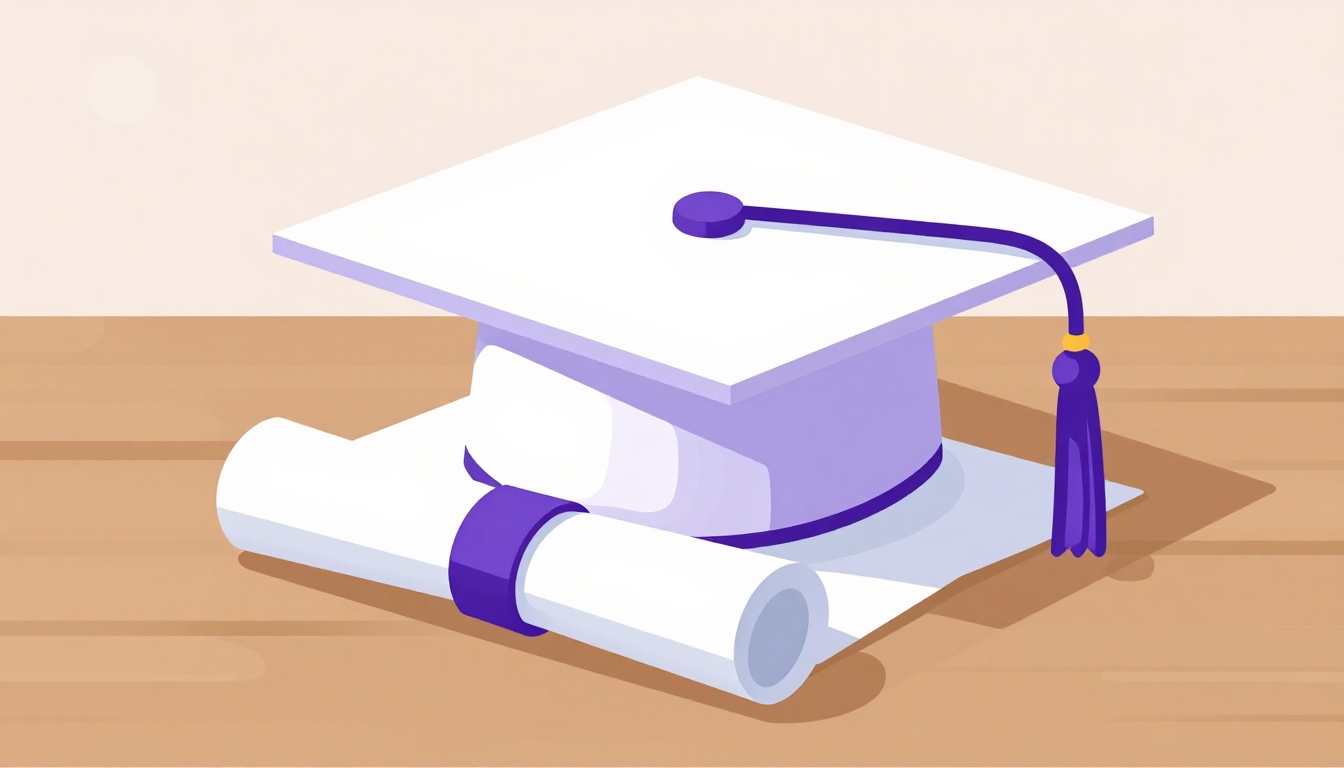 Capelo de formatura sobre diploma enrolado, representando a conclusão da faculdade nos EUA