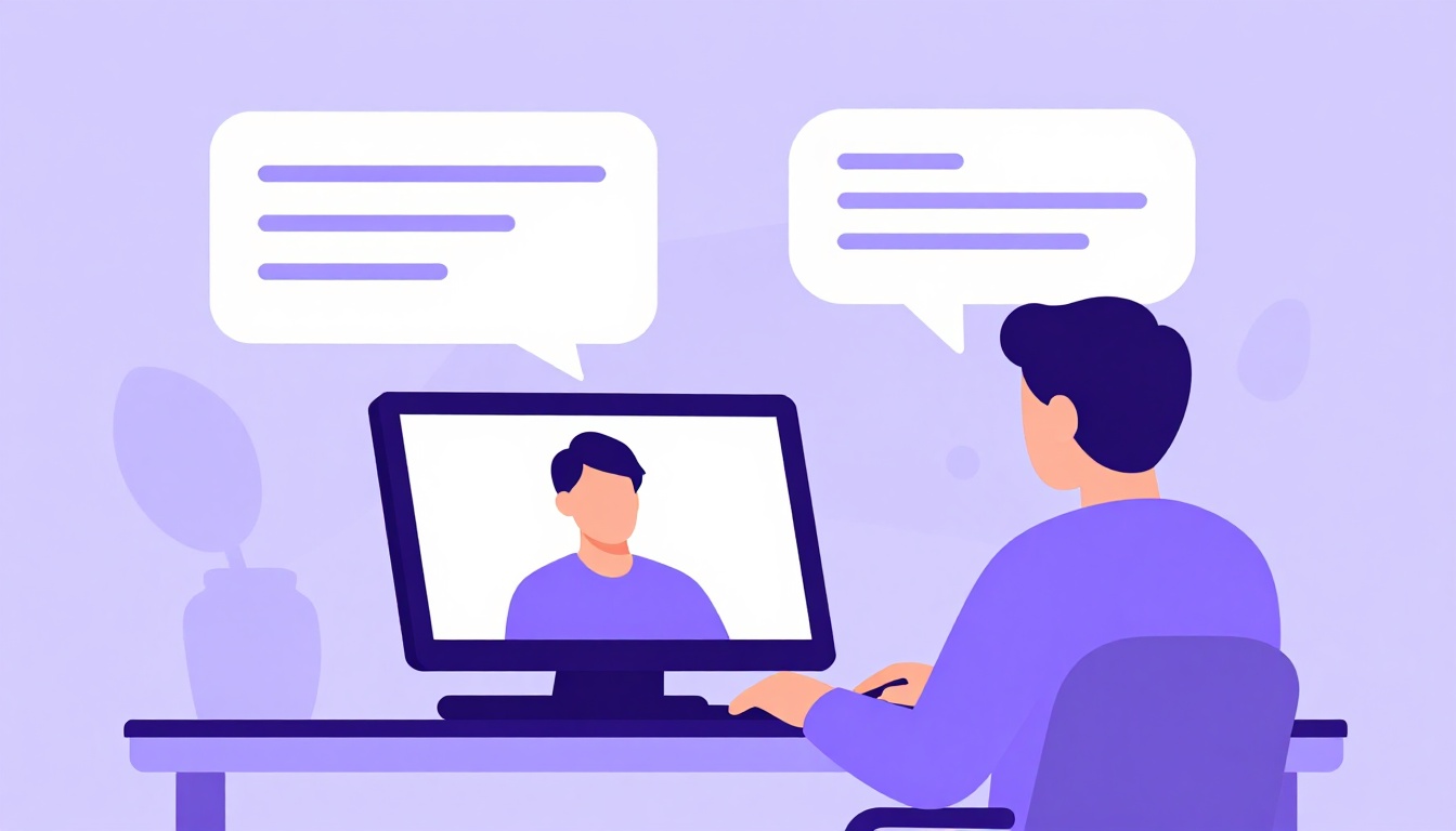 Freelancer em uma videochamada com um cliente americano em um laptop, representando comunicação em inglês em tempo real