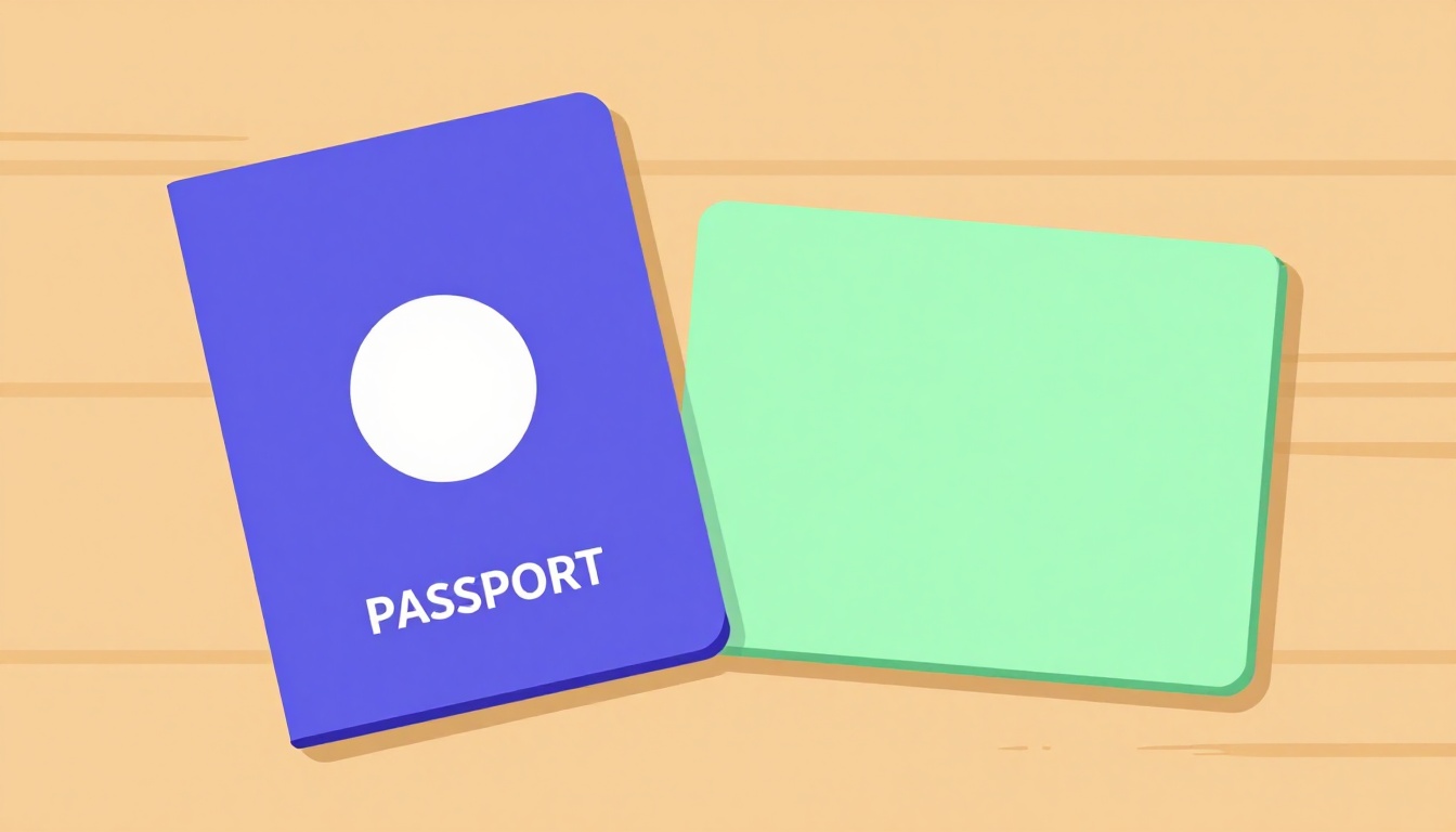 Cartão de residente permanente ao lado de um passaporte azul sobre uma mesa de madeira