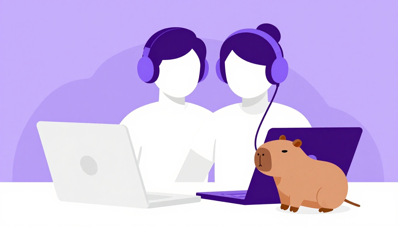 Pessoa se preparando para uma videochamada em inglês em frente ao laptop, com um capivara de pelúcia ao lado do teclado