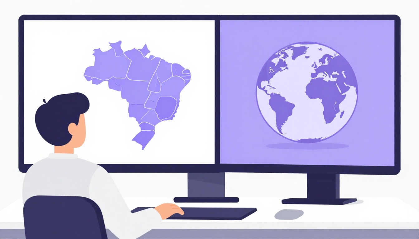 pessoa sentada em uma escrivaninha simples olhando para duas telas, uma com o mapa do Brasil e outra com um globo terrestre, representando a escolha entre clientes nacionais e internacionais