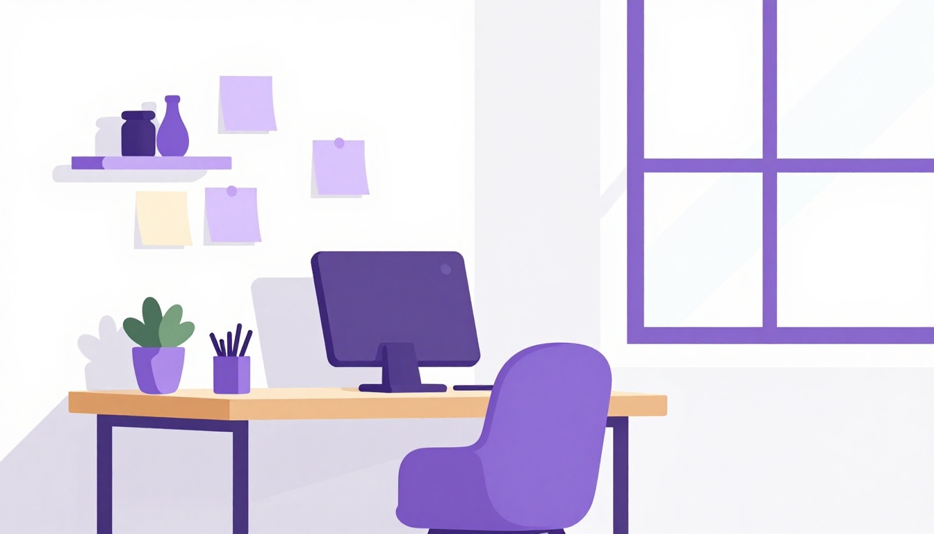 pessoa trabalhando em um home office simples e organizado, mesa de madeira, planta pequena, notas adesivas na parede, luz natural pela janela