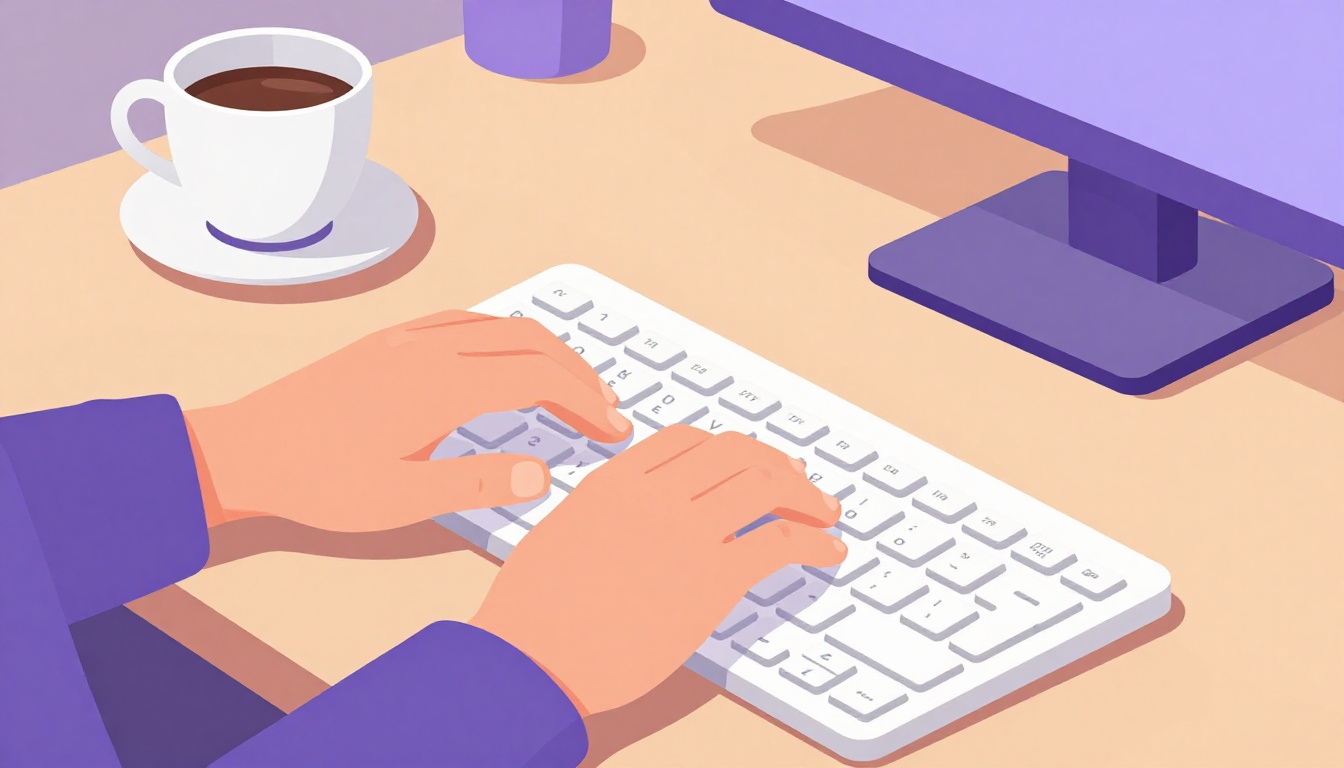 close de mãos digitando em um teclado com uma xícara de café ao lado, ambiente noturno e aconchegante, luz de luminária de mesa