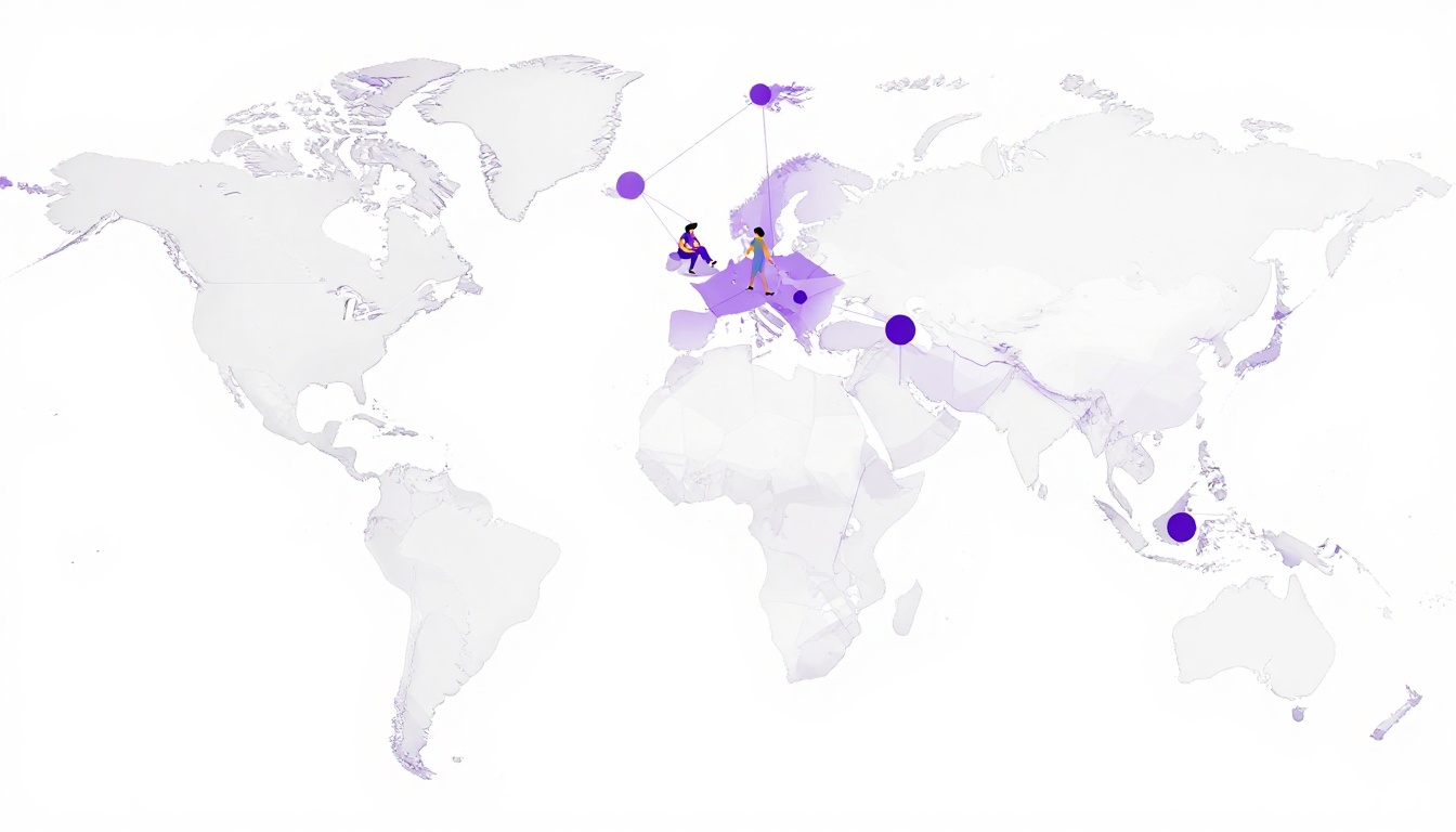mapa mundi estilizado com pontos conectados por linhas entre o Brasil e diferentes continentes, representando trabalho remoto internacional
