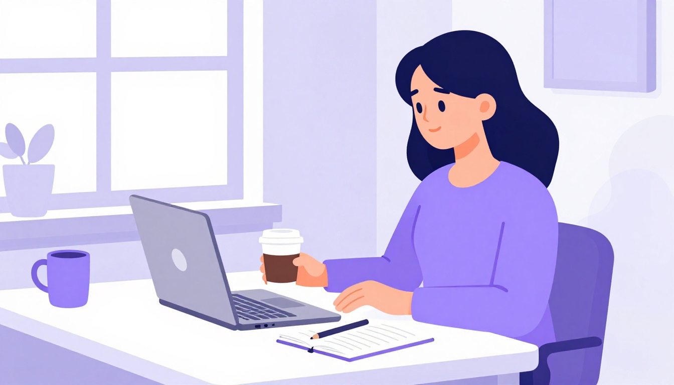 Jovem profissional brasileiro sentado em mesa de home office com laptop, xícara de café e caderno, luz da manhã entrando pela janela