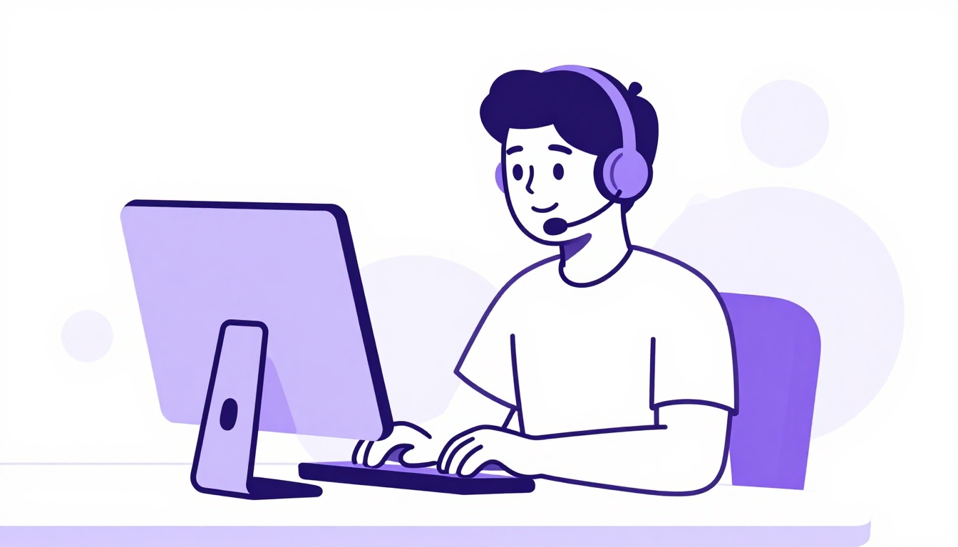 Pessoa com fone de ouvido de atendimento sorrindo em frente ao computador, ambiente doméstico simples ao fundo