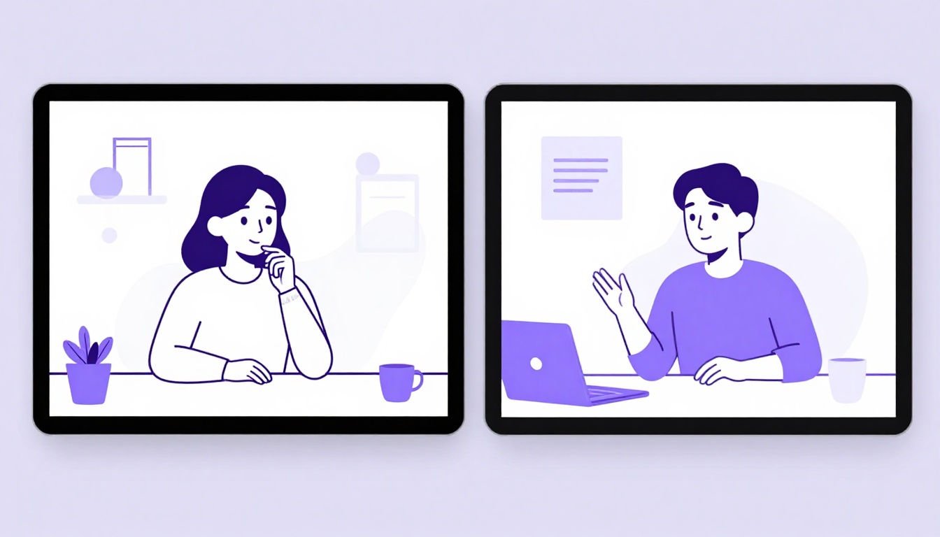 Duas janelas de videochamada lado a lado mostrando pessoas conversando, ambiente de home office ao fundo