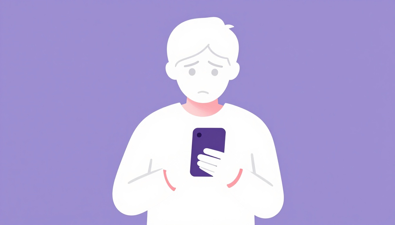 Pessoa olhando para o celular com expressão de desconfiança, sinal de alerta visual sutil, mensagem de golpe implícita sem texto