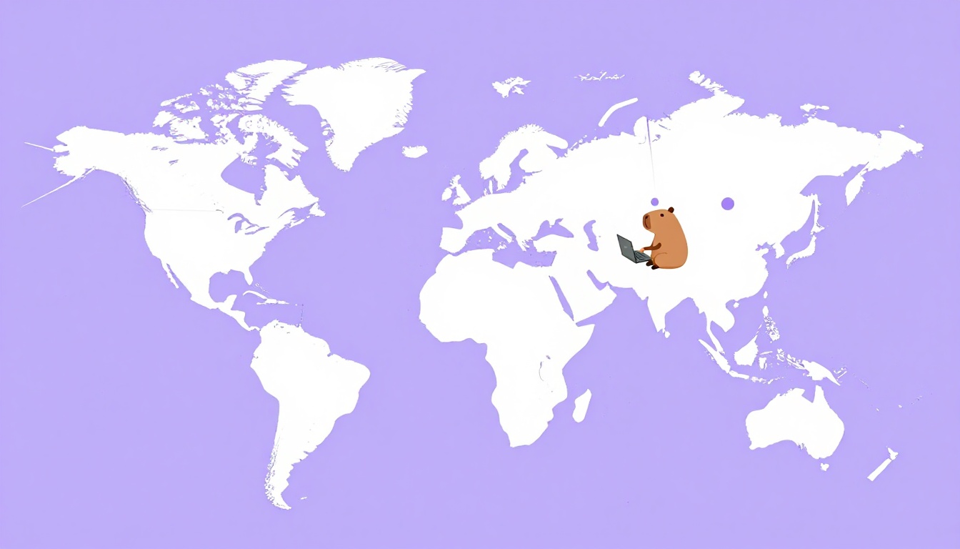 Mapa mundi estilizado com pontos de conexão entre continentes e uma pequena figura de capivara amigável ao lado de uma pessoa sentada com laptop