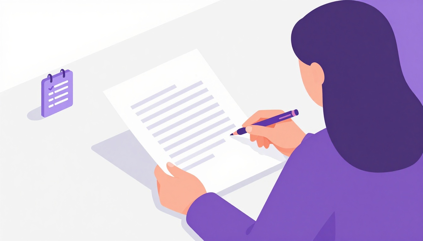 Pessoa revisando um documento com calma em uma mesa organizada, ícone discreto de checklist ao lado, transmitindo segurança e direitos garantidos