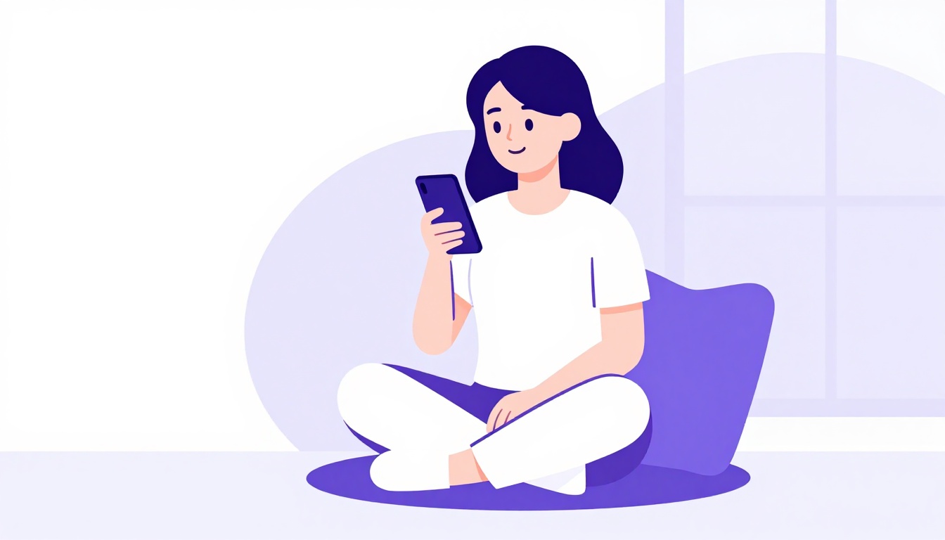 Pessoa sentada no chão de casa perto da janela, segurando o celular e falando com confiança, treinando a fala em voz alta sozinha