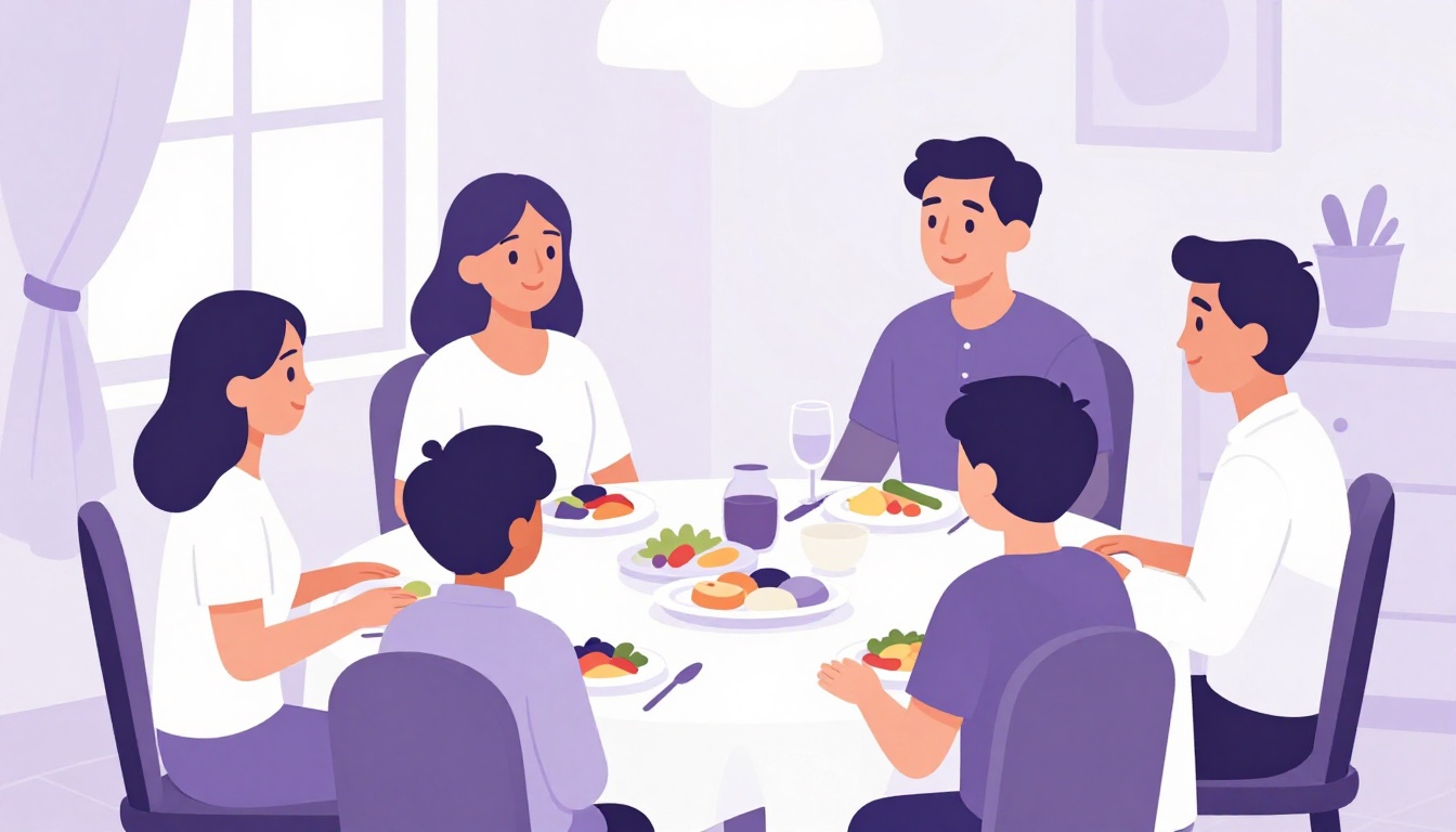 família anfitriã reunida à mesa de jantar recebendo um jovem intercambista, com pratos de comida servidos e conversa animada