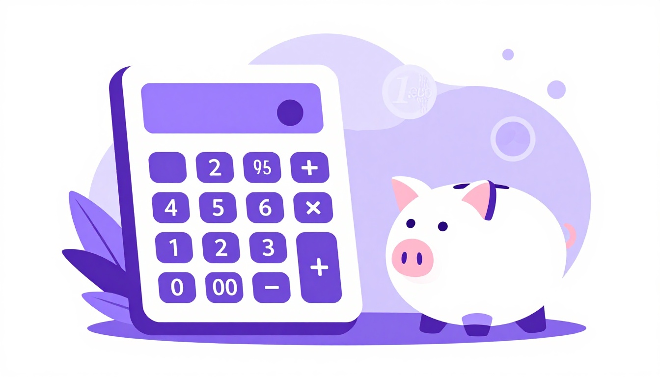 Calculadora, moedas de euro e um cofrinho representando o planejamento financeiro da viagem