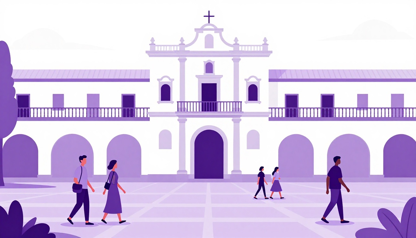 Praça histórica de uma cidade espanhola com arquitetura tradicional e pessoas caminhando