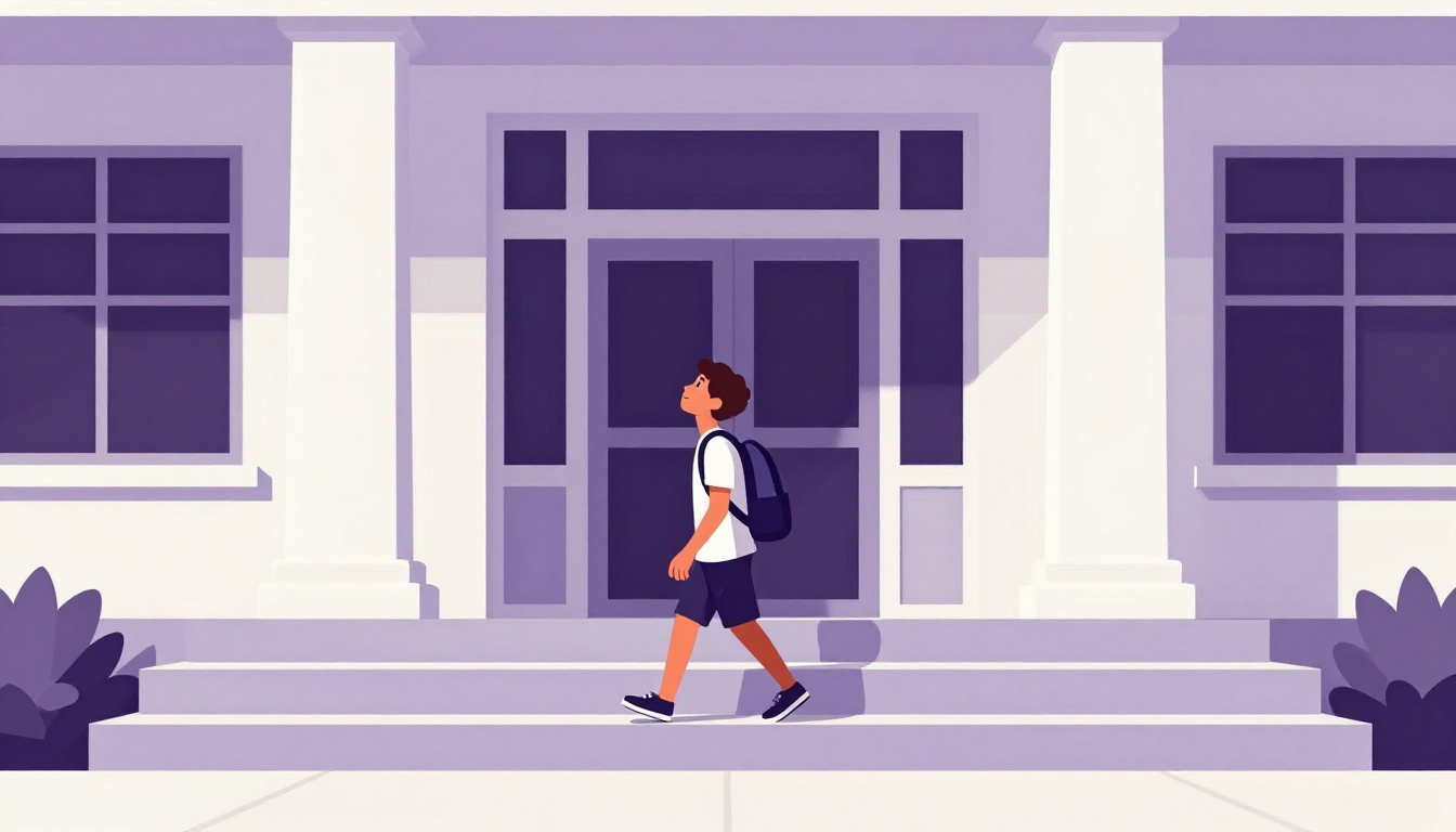 Adolescente brasileiro caminhando em frente a uma escola americana pela primeira vez, mochila nas costas, observando o prédio