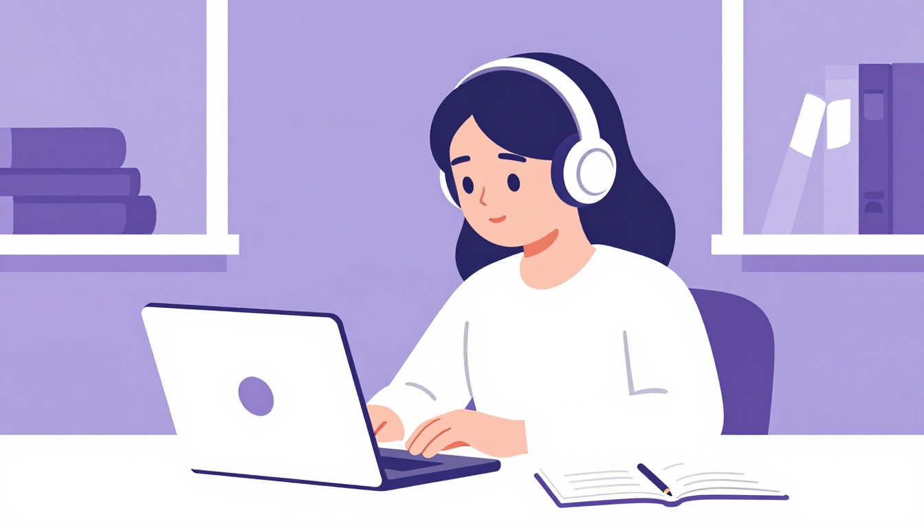 Adolescente de fones de ouvido fazendo um teste de inglês em um laptop, em um ambiente de estudo tranquilo